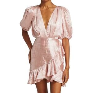 RONNY KOBO NWOT Blush Pink Satin Mindy Puff-Sleeve Faux Wrap Flounce Mini Dress